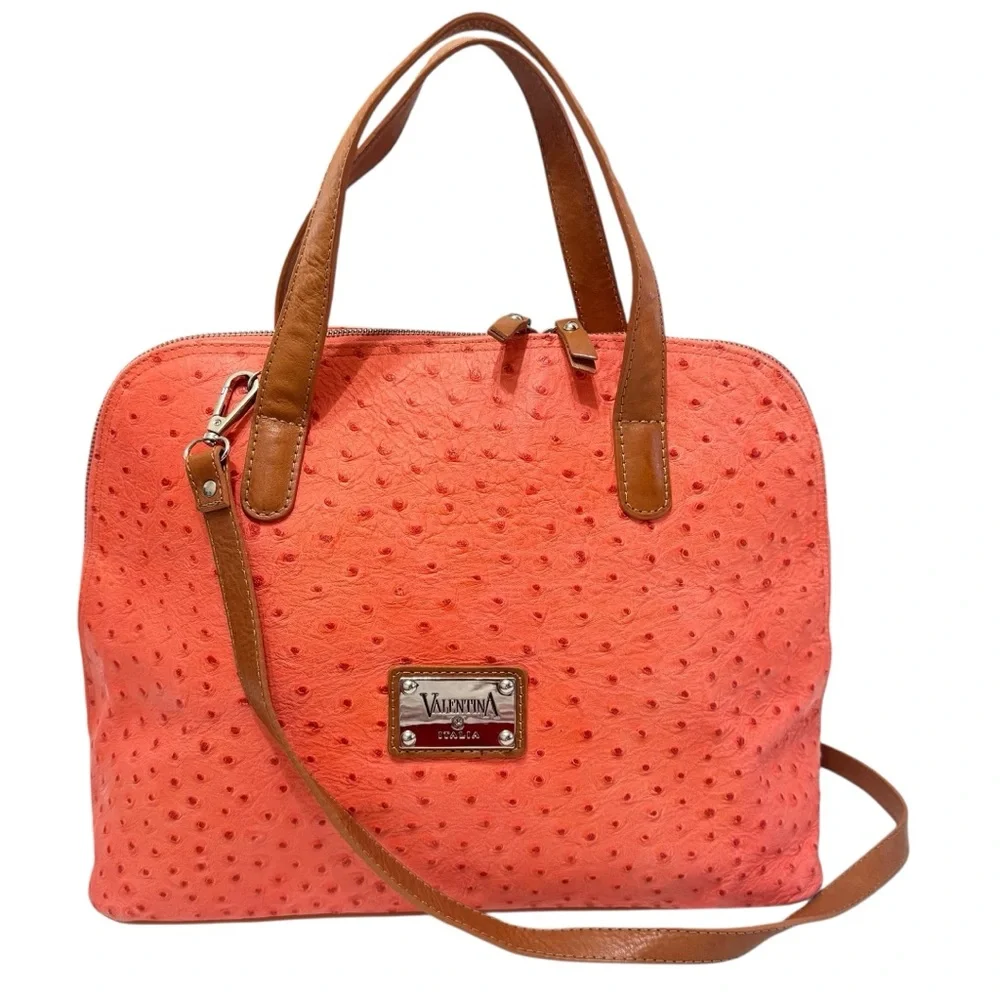 Valentina Orange Ostrich Embossed Leather Satchel‎ Crossbody Bag Top Handle